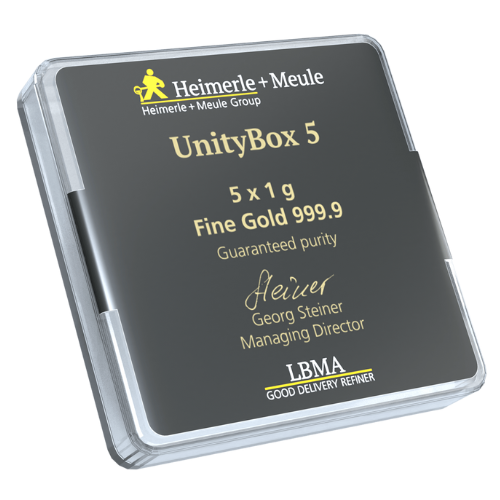 5 x 1g Goldbarren Heimerle und Meule UnityBar