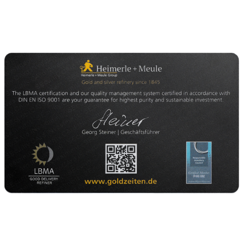 1g Goldbarren Heimerle und Meule Secain Card