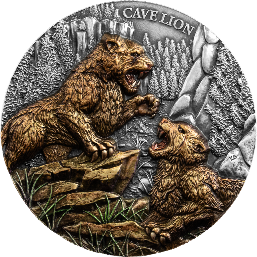 Liberia - 25 Dollar Megafauna: Höhlenlöwe (Cave Lion) 2026 - 2 Oz Silber Antik Finish Ultra High Relief