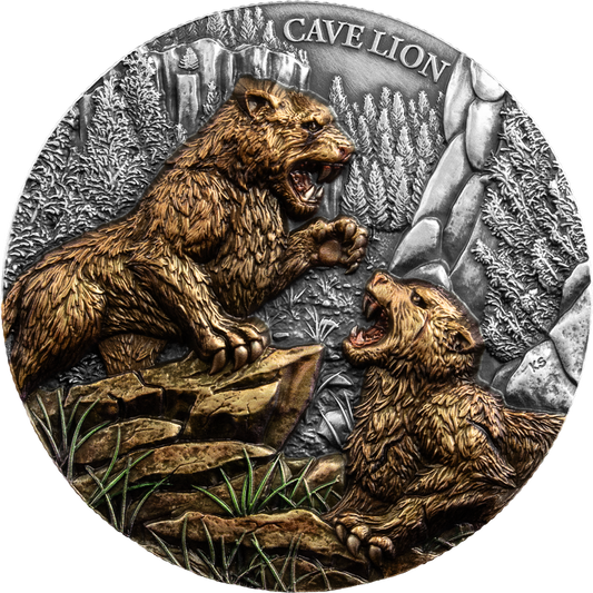 Liberia - 25 Dollar Megafauna: Höhlenlöwe (Cave Lion) 2026 - 2 Oz Silber Antik Finish Ultra High Relief