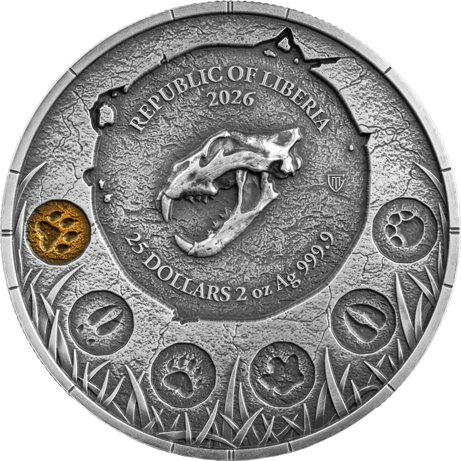 Liberia - 25 Dollar Megafauna: Höhlenlöwe (Cave Lion) 2026 - 2 Oz Silber Antik Finish Ultra High Relief