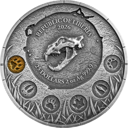 Liberia - 25 Dollar Megafauna: Höhlenlöwe (Cave Lion) 2026 - 2 Oz Silber Antik Finish Ultra High Relief