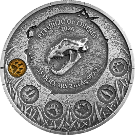 Liberia - 25 Dollar Megafauna: Höhlenlöwe (Cave Lion) 2026 - 2 Oz Silber Antik Finish Ultra High Relief
