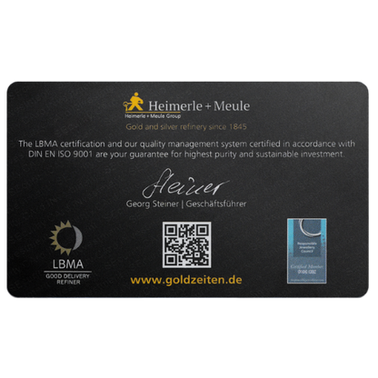 1g Goldbarren Heimerle und Meule Secain Card