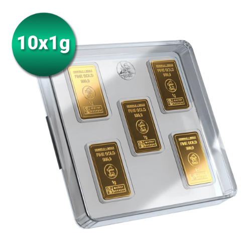 10 x 1g Goldbarren Heimerle und Meule UnityBar