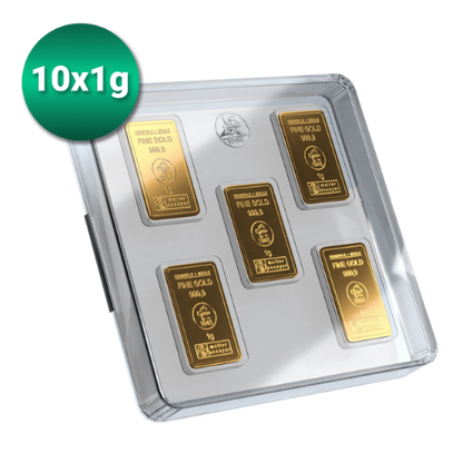 10 x 1g Goldbarren Heimerle und Meule UnityBar