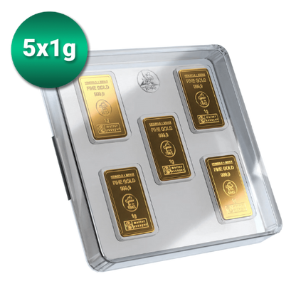 5 x 1g Goldbarren Heimerle und Meule UnityBar