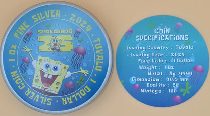 SPONGEBOB 25th Geburtstag 1 oz Silbermünze 2024 Farbig Limitiert & in Dose OVP