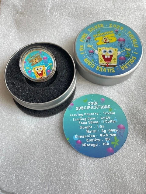 SPONGEBOB 25th Geburtstag 1 oz Silbermünze 2024 Farbig Limitiert & in Dose OVP